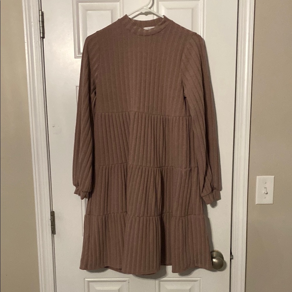 Brown Ribbed Long Sleeve Maternity Dress